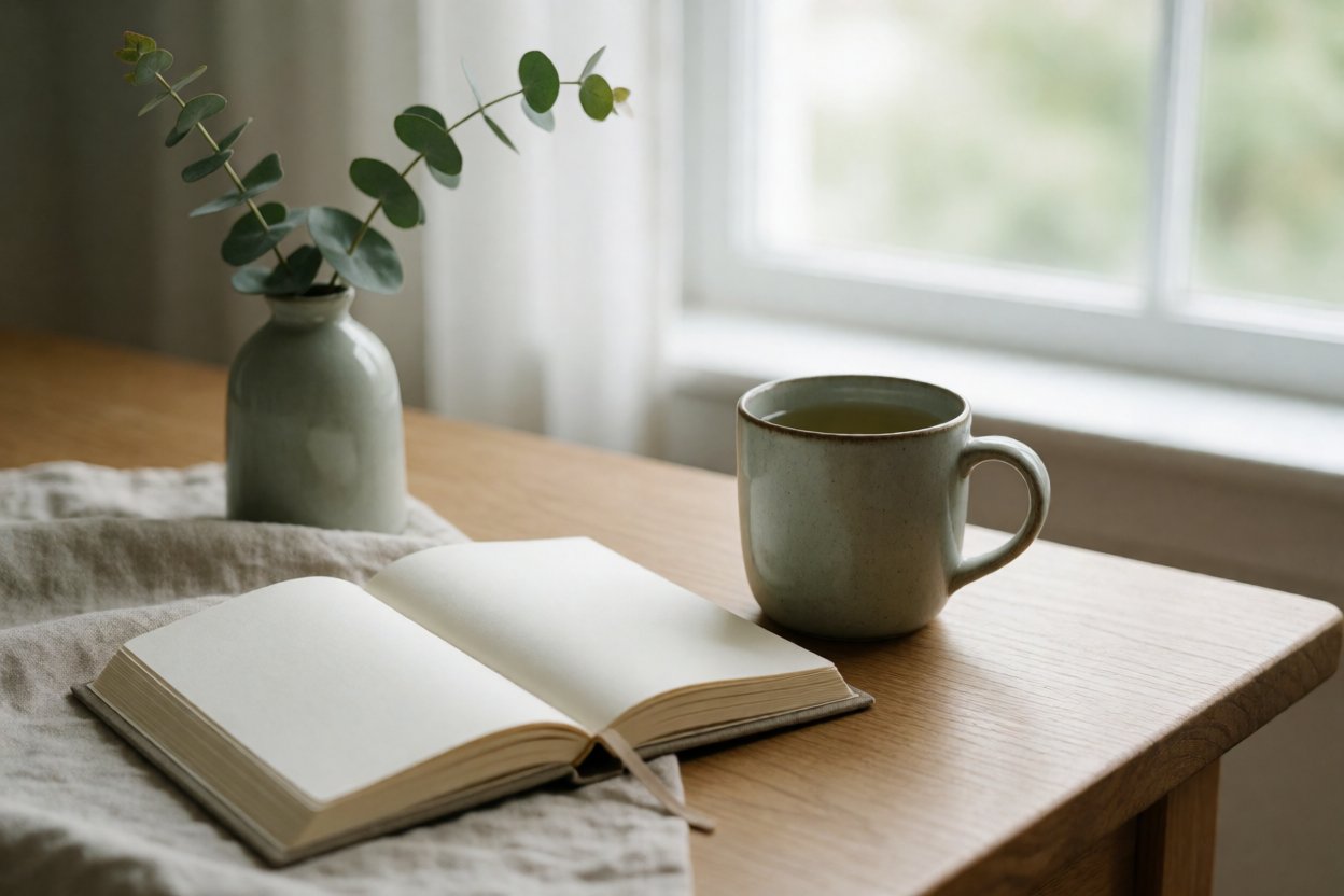 A mug of tea, an open journal, and eucalyptus on a sunlit wooden table